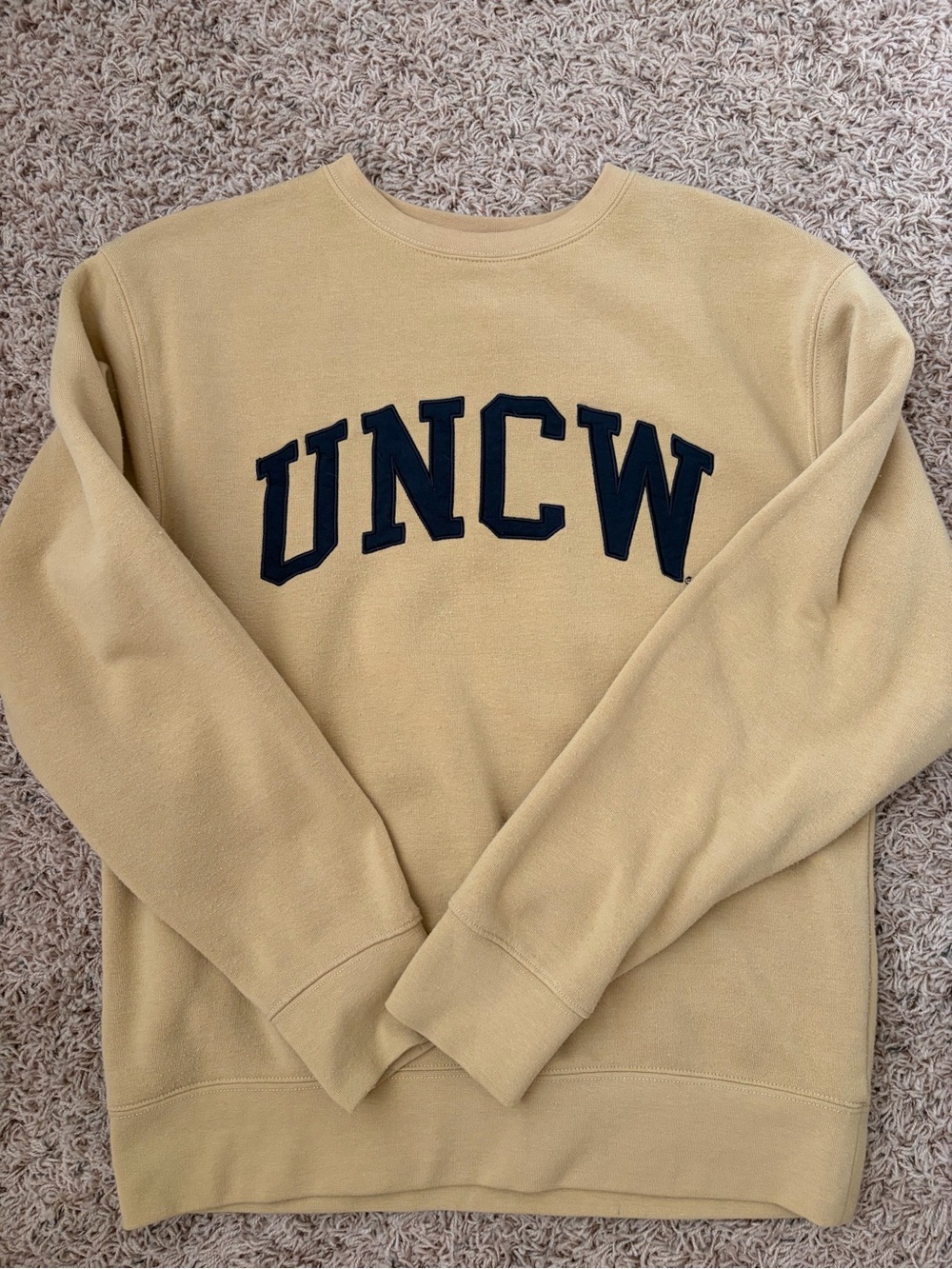 Crewneck UNCW Sweatshirt in Tan with Navy Applique